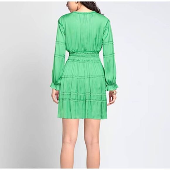 Maje Satin Pleated Mini Dress Sz 34 XS Ruffled Smocked V Neck Long Sleeves Fairy - Picture 11 of 13